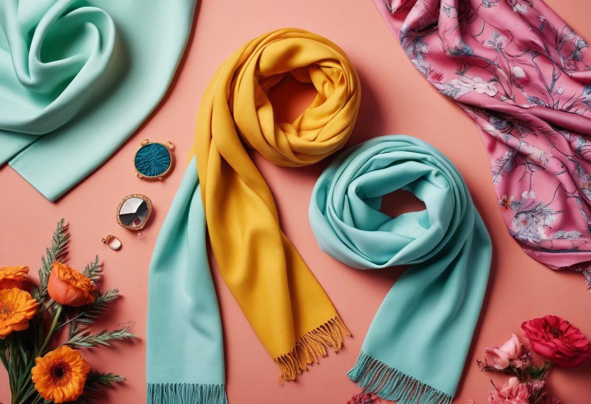 A beautifully arranged flat lay featuring stylish outfits in vibrant colors, intertwined with luxurious accessories like scarves and jewelry. The background should evoke a sense of sophistication with soft pastel tones and elegant textures. Add elements of nature such as fresh flowers to symbolize happiness and freshness in design. Include faint outlines of urban architecture in the distance to hint at city life. hyper-realistic. vibrant colors. soft focus.