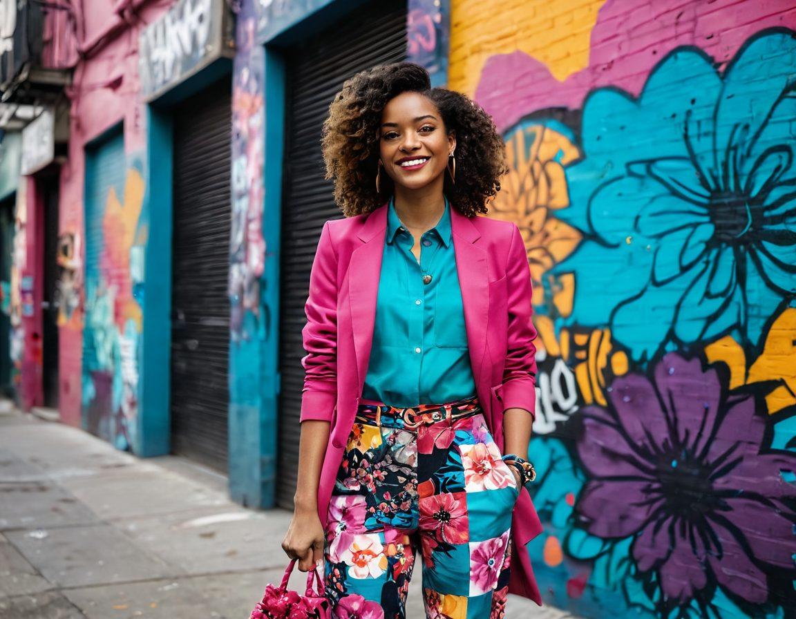 A stylish individual confidently wearing a vibrant, eclectic outfit, surrounded by a lively cityscape filled with colorful street art and blooming flowers. Include playful patterns and textures in clothing, showcasing dynamic colors like fuchsia, teal, and sunshine yellow. The mood should be joyful and energetic, capturing the essence of chic fashion in an urban environment. bright colors, urban background, super-realistic.